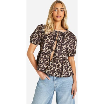 boohoo Dames Leopard Pofmouwen Bow Tie Blouse | Bruin | Maat: 38