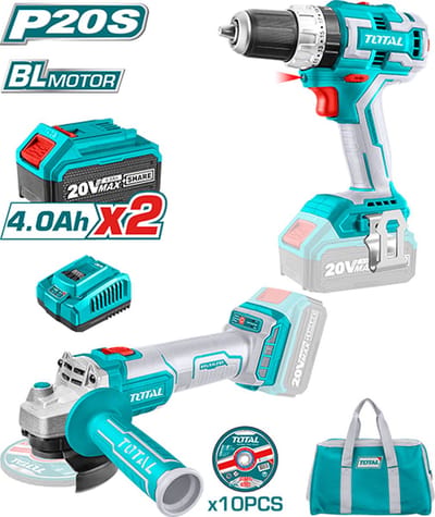 Total Tools Combiset Accu Schroef-/Klopboormachine & Haakse Slijper 20V - 4,0Ah - Inclusief 2x accu, lader & opbergtas