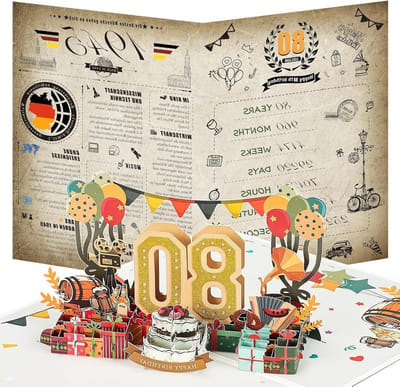 Allecto Plus - 80e Verjaardagskaart 1945 Vintage Krant 3D Pop Up Verjaardagskaarten met Envelop - Verjaardagscadeaus voor Man en Vrouw - Retro Stijlgebonden Feestuitnodiging.