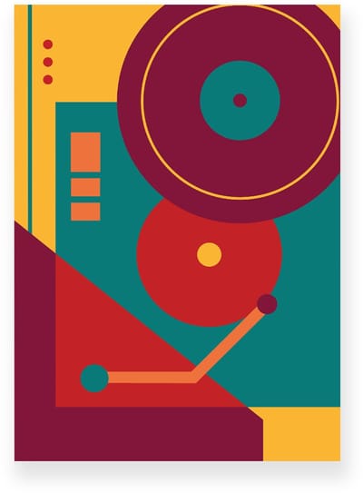 Poster 20x30 cm - Retro Platenspeler - Rood - Blauw - Geel - Abstract - Vintage - Muurdecoratie - Wanddecoratie