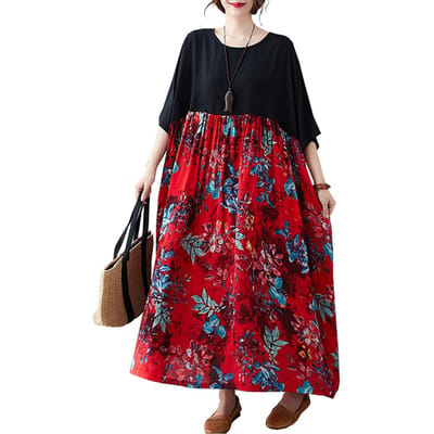 Vrouwen Katoenen Linnen Jurk Bloemenprint Zakken Mid-Calf Losse O-hals Korte Mouwen Plus Size Casual one size veelkleurig