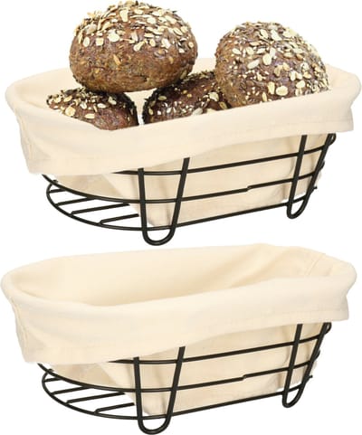 5Five Broodmand Bistro - 2x stuks - metaal/stof - ovaal - zwart/creme wit - 28 x 18 x 11 cm