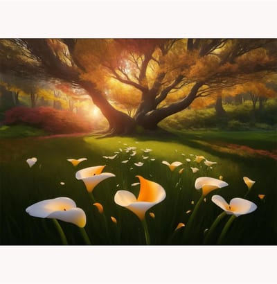 Puzzel 1000 stukjes van hout, grote boom calla lelies bloemen zonsondergang landschap houten puzzel, daag jezelf uit