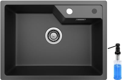 SOFETIY MAX Graniet Spoelbak Zwart 65x45cm - Spoelbak Keuken Met Zeepdispenser 300ML - Haven stijl Keuken Gootsteen Modern - Met Waterafvoersysteem & Overloop