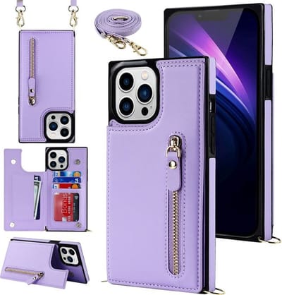 Casemania Hoesje Geschikt voor Apple iPhone 15 Pro - Paars - Luxe Back Cover met Koord / Rits - Wallet Case met Pasjeshouder - Lanyard Telefoonhoes - Cord Case