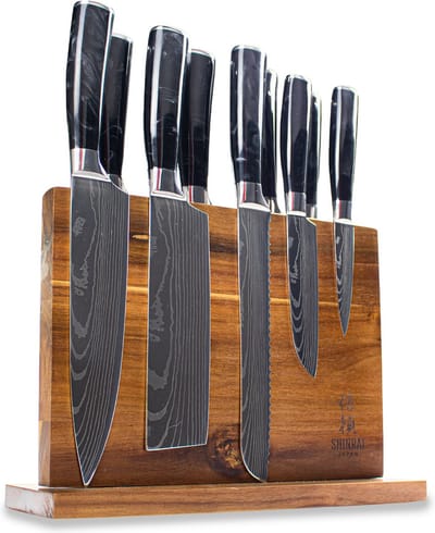 Shinrai Knives Messenset met Blok - 9 delige Messenset - Japans Design - Damascus Print Epoxy Onyx - Magnetisch Messenblok Dubbelzijdig - Met Luxe Geschenkdoos - Messenhouder - Keukenmes - Koksmes