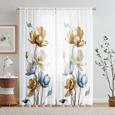 2 pièces HD numérique or et lotus bleu en fleurs figure imprimée moustiquaire Décoration de maison Style Décoration Salon Chambre R W52H63inchW132H160cm white