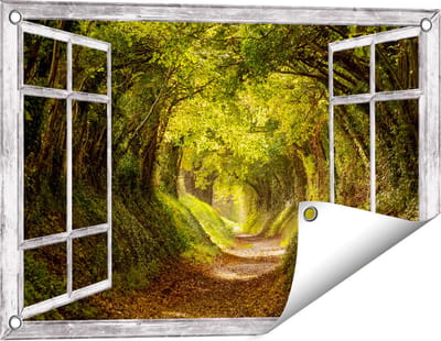 Gards Tuinposter Doorkijk Pad in het Bos met veel Bladeren - 60x40 cm - Tuindoek - Tuindecoratie - Wanddecoratie buiten - Tuinschilderij