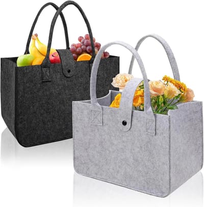 Set van 2 Vilt Shopper Tassen 30 x 20 x 18 cm, Grote Vouwbare Viltmanden in Zwart en Lichtgrijs met Sluiting voor Winkelen en Opbergen