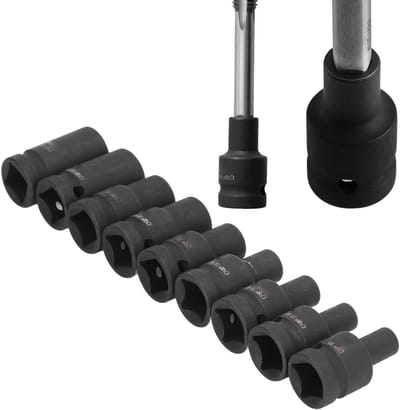 Set van 9 vierkante tapcaps met 1/2 inch aandrijving, gemaakt van Cr Molybdeen staal, met duidelijke markering en slank ontwerp voor elektrische en pneumatische handgereedschappen