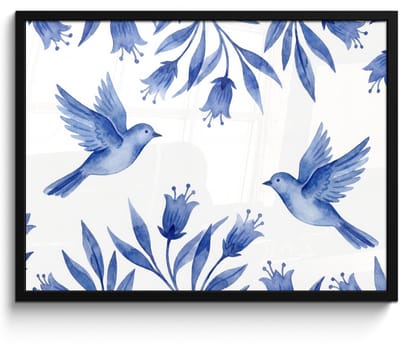 Poster in lijst - Fotolijst 80x60 cm - Posters - Modern - Vogels - Delfts - Blauw - Posterlijst zwart - Decoratie - Wanddecoratie woonkamer - Muurdecoratie slaapkamer