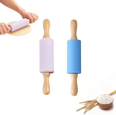 2 Stuks Mini Siliconen Deegroller met Houten Handvat - Antikleef Mini Deegroller voor Thuis Bakken en Koken (Paars, Blauw)