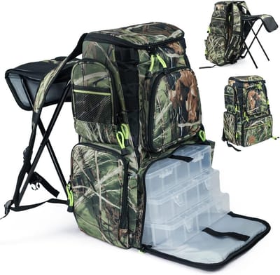 Vissen Rugzak Tackle Box Tas met Rod Houder en Opvouwbare Vissersstoel - 60L Outdoor Gear, Leger Groen, 3XL