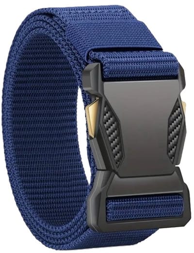 Tactische Canvas Belt I Militaire Broekriem I Veiligheidsriem I Snelle Sluiting & Ontgrendeling I Carbon & Gouden Details I Tot 120 Cm I Blauw