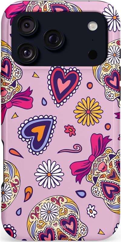 Casetastic hoesje geschikt voor Apple iPhone 17 Pro Max - MagSafe - Dubbellaagse bescherming - Dia de los Muertos Doodshoofd Strik - Fashion Case - Lila Crème Roze