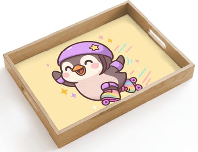 Dienblad hout 40x30 cm - Schootdienblad - Pinguïn - Rolschaatsen - Geel - Energiek - Borrelplank rechthoek - Plateau dienbladen