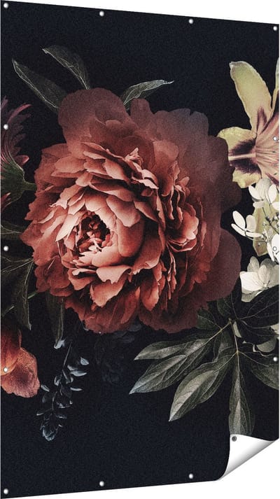 Gards Tuinposter Bloemen op een Zwart Achtergrond - 120x180 cm - Tuindoek - Tuindecoratie - Wanddecoratie buiten - Tuinschilderij