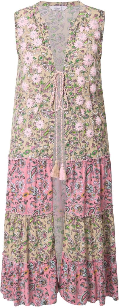 MIAMODA - Dames - Vest lange A-lijn bloemenborduursel patroonstrepen - Champagnebeige - Maat 48
