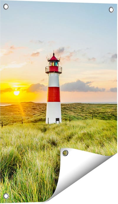 Gards Tuinposter Vuurtoren met Zonsopgang op een Eiland - 40x60 cm - Tuindoek - Tuindecoratie - Wanddecoratie buiten - Tuinschilderij