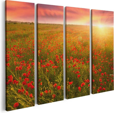 Artaza Canvas Schilderij Vierluik Rode Klaproos Bloemenveld - Zonsondergang - 80x60 - Foto Op Canvas - Canvas Print