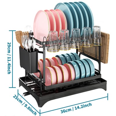 Égouttoir à vaisselle polyvalent à 2 niveaux pour comptoir de cuisine avec égouttoir à tasses, porte-ustensiles, espace pour planche à découper, peu encombrant, noir blanc 2-tier gray