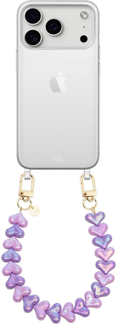 xoxo Wildhearts siliconen hoesje - Geschikt voor iPhone 17 Pro Max hoesje - Funky Hearts (Pink & Purple Metallic) - Telefoonhoesje - Hoesje met koord - Roze en Paars koord - kort telefoonkoord - Hartjes ketting - Transparant hoesje