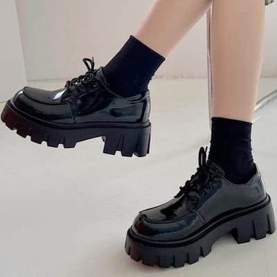 Dames Chunky Sneakers Schoenen met Vierkante Hak Hoge Neus Nieuwe Herfst Platform Mode Set Voeten Veterschoenen Dames Casual Schoenen 39 zwart