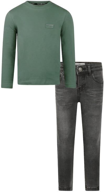 Koko Noko - Kledingset - Basic Collection - Bio Cotton - Dark grey jeans - Shirt LS Dark Green - Maat 92