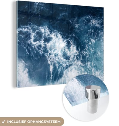 MuchoWow® Glasschilderij 120x90 cm - Schilderij acrylglas - Water - Golf - Blauw - Foto op glas - Schilderijen