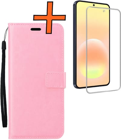 Hoes - Met Screenprotector - Geschikt voor Samsung Galaxy A57 - Luxe Pasjeshouder - Bookcase Portemonee - Flip Case - Kunstleer Book Case - Flipcase - Book Cover - Walletcase - PortemonneeHoes - Lichtroze