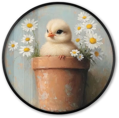 Poster in lijst Rond - Fotolijst 60x60 cm - Posters - Bloempot - Kuiken - Bloemetjes - Ronde posterlijst zwart - Decoratie - Wanddecoratie woonkamer - Muurdecoratie slaapkamer