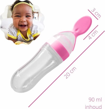 Knijpfles met lepel - Antiknoei lepel – Siliconen Babyfles – Babybestek – Doseerfles - Voedingslepel - Babylepel – Fruithapjes – Babyhapjes – Fruitpuree – Groentepuree - BPA vrij – 90 ml - Roze