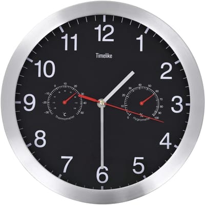 Grote 30cm Zwarte Wandklok met Hygrometer en Thermometer - Stille Uurwerk