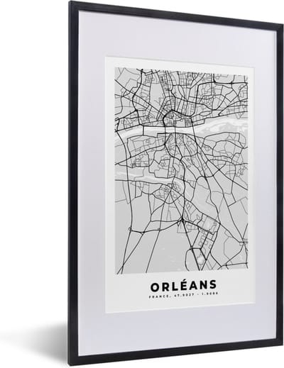 Fotolijst incl. Poster - Kaart - Stadskaart - Frankrijk - Orléans - Plattegrond - 40x60 cm - Posterlijst