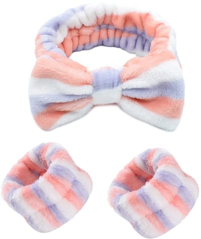 Dailygoods- Hoofdband Waterdicht - Make-up Hoofdband - Zachte Elastische Haarband - Flanel - Draagbare Polsband - Driekleurige Strepen - Make-upband