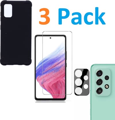 Anti-Schok Siliconen Hoesje Back Cover zwart + Tempered Glass Screen Protector  + Camera lens Beschermer zwart Geschikt voor: Samsung Galaxy A53 5G