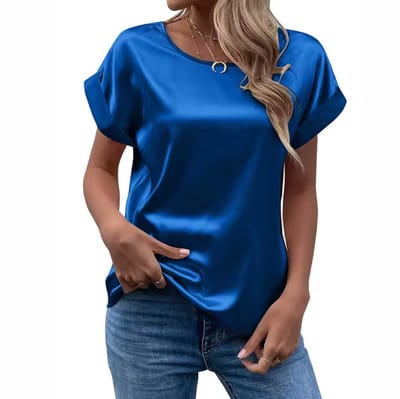 Blauw Shirt Dames Design - Satijn Look - Glimmend - T-shirt - Glanzend