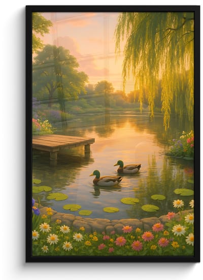 Poster in lijst - Fotolijst 60x90 cm - Posters - Eenden - Vijver - Bloemen - Posterlijst zwart - Decoratie - Wanddecoratie woonkamer - Muurdecoratie slaapkamer