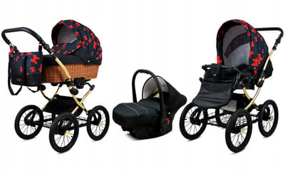 BabyLux® Kinderwagen 3in1 - CLASSIC GOLD - RED BOW SILVER FRAME - Opklapbare Wandelwagen incl. Reiswieg, Multifunctionele Buggy Sportstoel, Autostoel - Combi-kinderwagen met Luiertas, Regenhoes, Klamboe, Bekerhouder, etc.