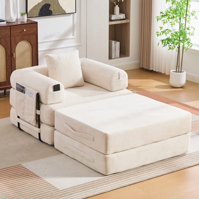 MODENUIT Fauteuil 112 x 190 x 67 cm - Met Hocker En Zijvak - Voor Woonkamer En Slaapkamer - Cord Beige