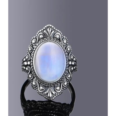 Bague Pierre de Lune Style Vintage pour Femmes Hommes, Bague Gemme Ovale Motif Sculpté Plaqué Argent, Bijoux de Doigt Statement Rétro Cadeaux 9