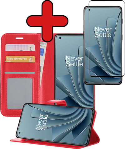 Hoesje - Met Screenprotector - Geschikt voor OnePlus 10 Pro - Luxe Pasjeshouder - Flipcase - Bookcase Portemonee - Flip Case - Kunstleer Book Case - Book Cover - Walletcase - Portemonneehoes - Telefoonhoes - Rood