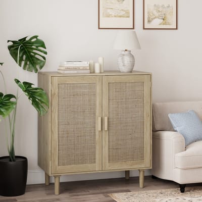 Sweiko Bijzettafel - Nachtkastje - Rieten afwerking - Houtnerflook - Natuurlijke