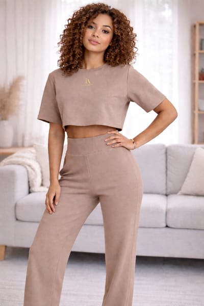 La Booty Taupe Dames Lounge Set – Crop Top & High Waist Broek – Soft Touch Katoen – Comfort Fit– Maat S