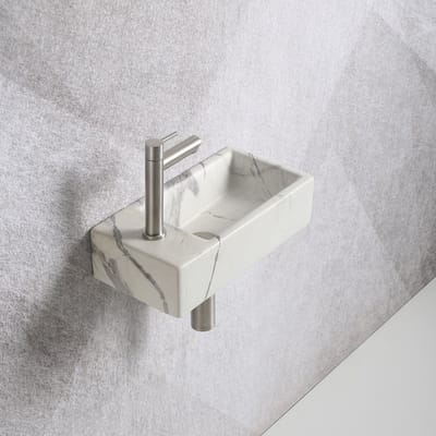 Fonteinset Mia 40.5x20x10.5cm marmerlook wit geaderd grijs links inclusief fontein kraan, sifon en afvoerplug RVS