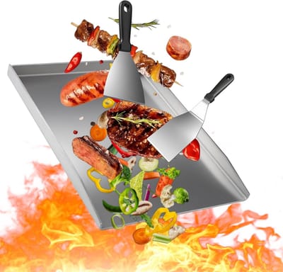 Dailygoods- Grillplaat Roestvrij Staal 40 x 30 cm - Grillplaat voor Gas/Houtskool - Inclusief 2 Grillspatels - Lekvrij - Eenvoudig te Reinigen - Voedselveilig - Barbecueplaat
