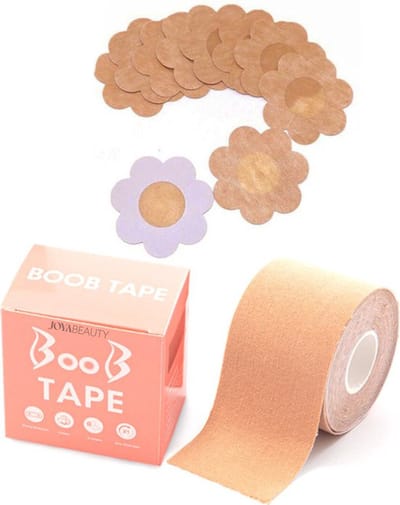 Joya Beauty® Boob Tape met 10 Tepelcovers - 5 Meter Boobtape Beige - Plak BH (5,0 cm breed) - Strapless BH Alternatief