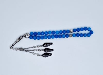 Handgemaakte tesbih "tasbih" natuursteen " Blauwe Agaat" - Aantal kralen 33 - Diameter kralen 8 MM - met metaal tassel "model 9" - Een mooi cadeau-idee