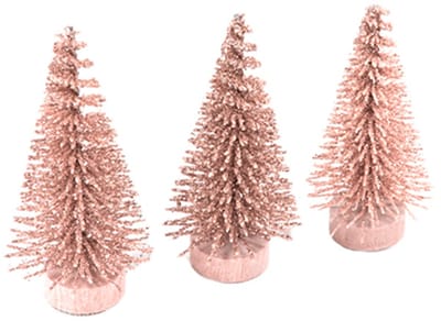 HOBI - 3 Kleine kunstkerstbomen roségoud glitter 5,5 x 2,5 cm