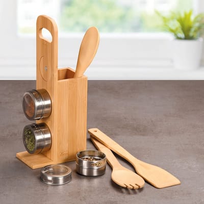 FSC® Keukengerei houder Set - Met 3x Kruidenpotjes - 7-Delige keukengerei Set - Kruidenpotjes en Spatel Set + Houder - FSC® Bamboe Hout